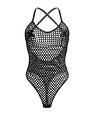 Black fishnet mesh teddy with X-back straps and high-cut bottom