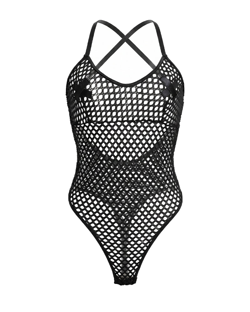 Black fishnet mesh teddy with X-back straps and high-cut bottom