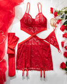 Red lace chemise lingerie set with cutout front, garter straps, and matching thong