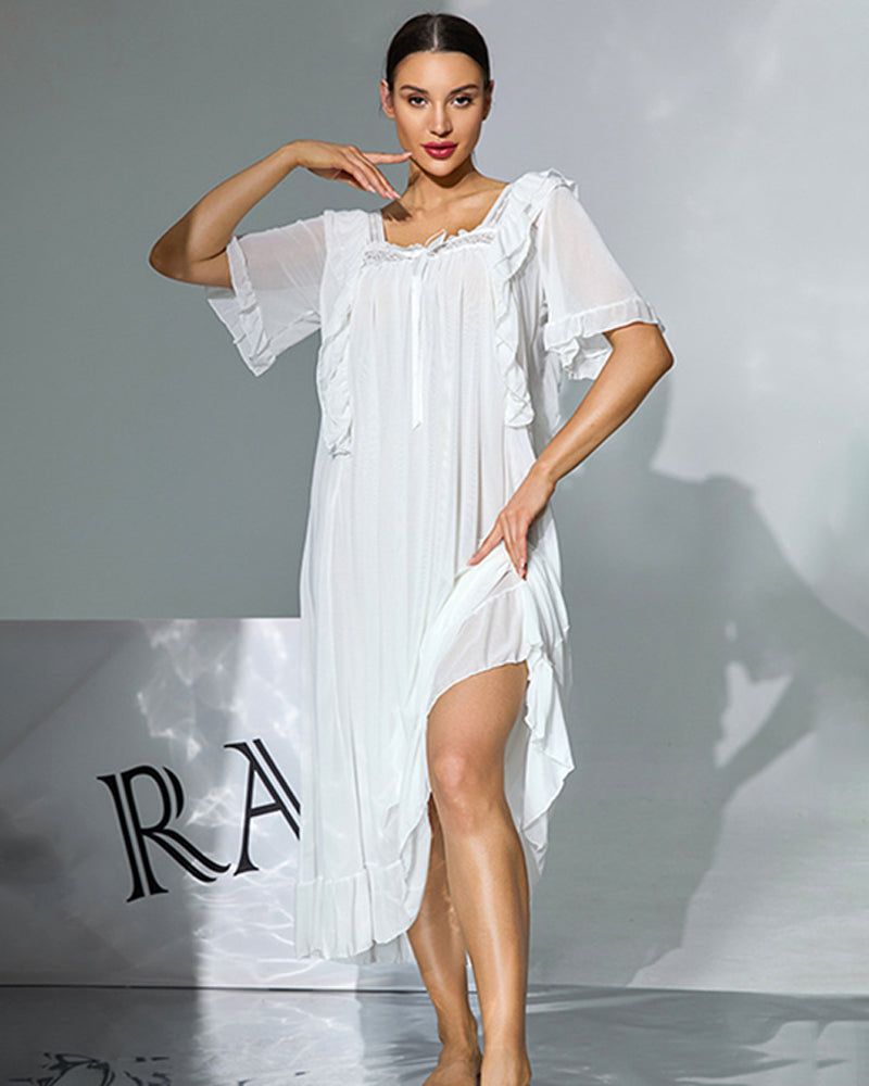 White ruffle-trim nightgown with lace-like square neckline and short sleeves