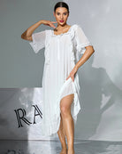 White ruffle-trim nightgown with lace-like square neckline and short sleeves