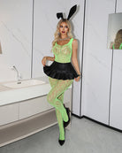 Green leopard-print mesh bodystocking with open crotch and sleeveless cut.