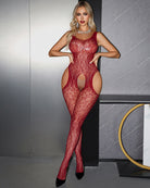 Wine red leopard-print mesh open-crotch bodystocking, sleeveless, sheer with front cutout