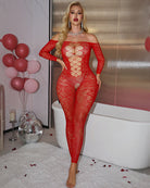 Red geometric fishnet off-shoulder bodystocking with long sleeves and lattice pattern