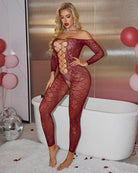 Burgundy geometric fishnet off-shoulder bodystocking with long sleeves and oval cutouts