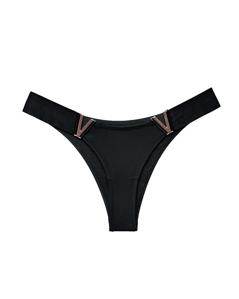 Black thong panties with copper-tone V metal accents, minimal coverage.