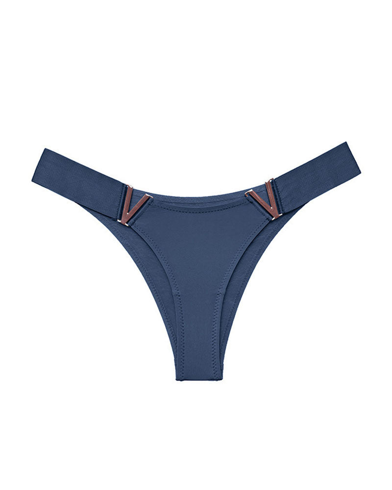 Blue thong panties with copper-tone V metal accents, minimal coverage.