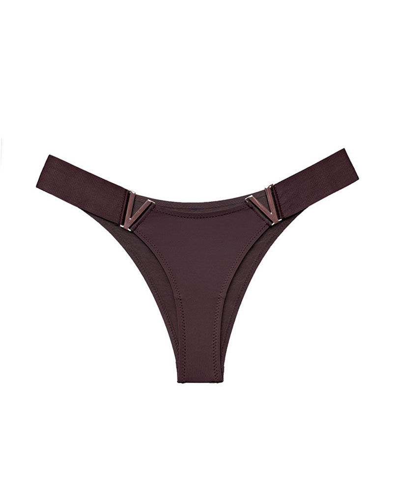 Dark brown thong panties with copper-tone V metal accents, minimal coverage.