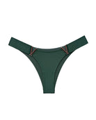 Green thong panties with copper-tone V metal accents, minimal coverage.