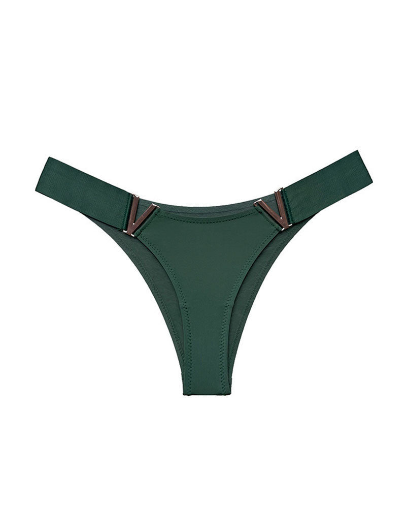 Green thong panties with copper-tone V metal accents, minimal coverage.