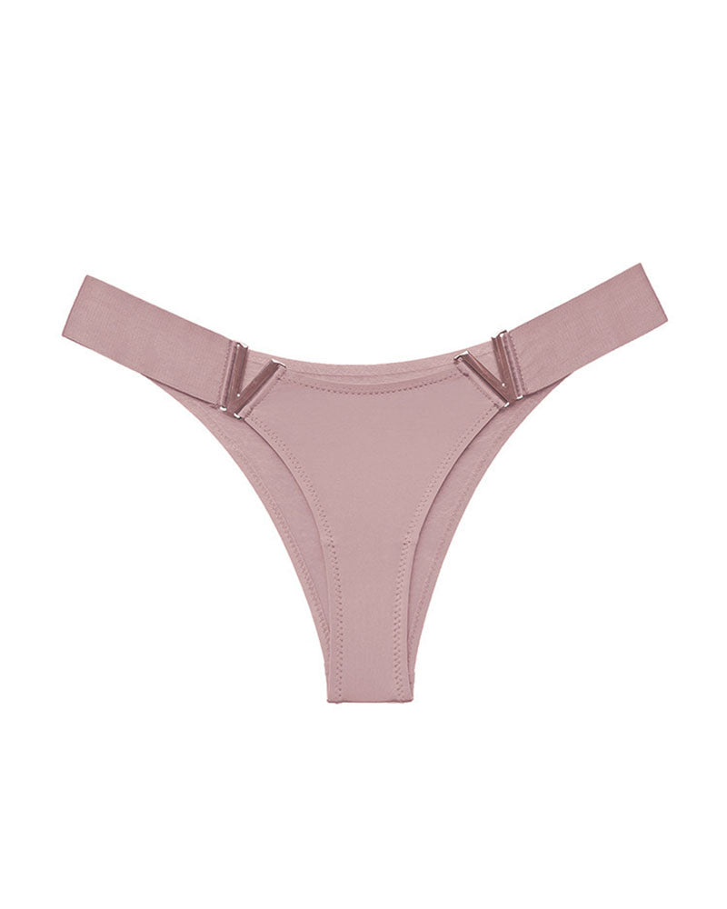 Pink minimal-coverage thong panties with V-shaped metal accents at the sides