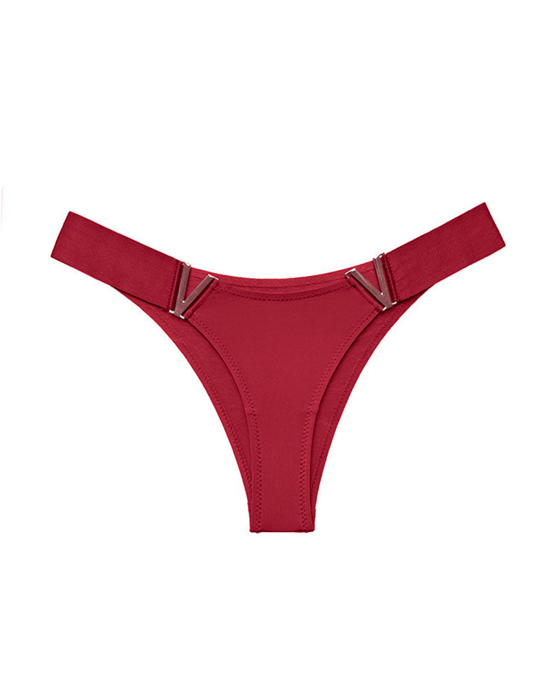 Dark red minimal-coverage thong panties with V-shaped metal accents at the sides