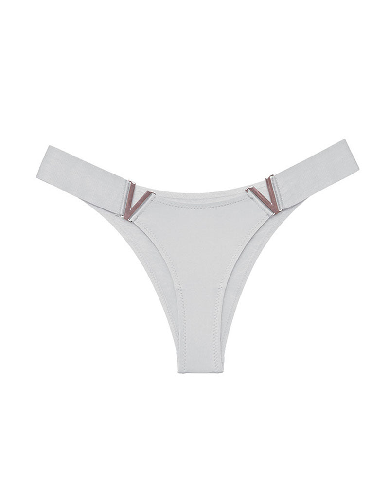 White minimal-coverage thong panties with V-shaped metal accents at the sides