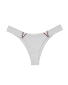 White minimal-coverage thong panties with V-shaped metal accents at the sides