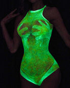 Glow green luminous mesh bodysuit with cutout belly and side shaping