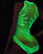 Glow green luminous mesh bodysuit with side cutouts and curved hem