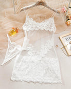 White sheer lace nightdress set with matching panty and bow-tie straps