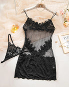 Black sheer lace nightdress with matching panty, floral trim and adjustable straps
