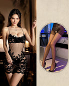 Black sheer lace nightdress set with matching stockings, floral appliqué bodice