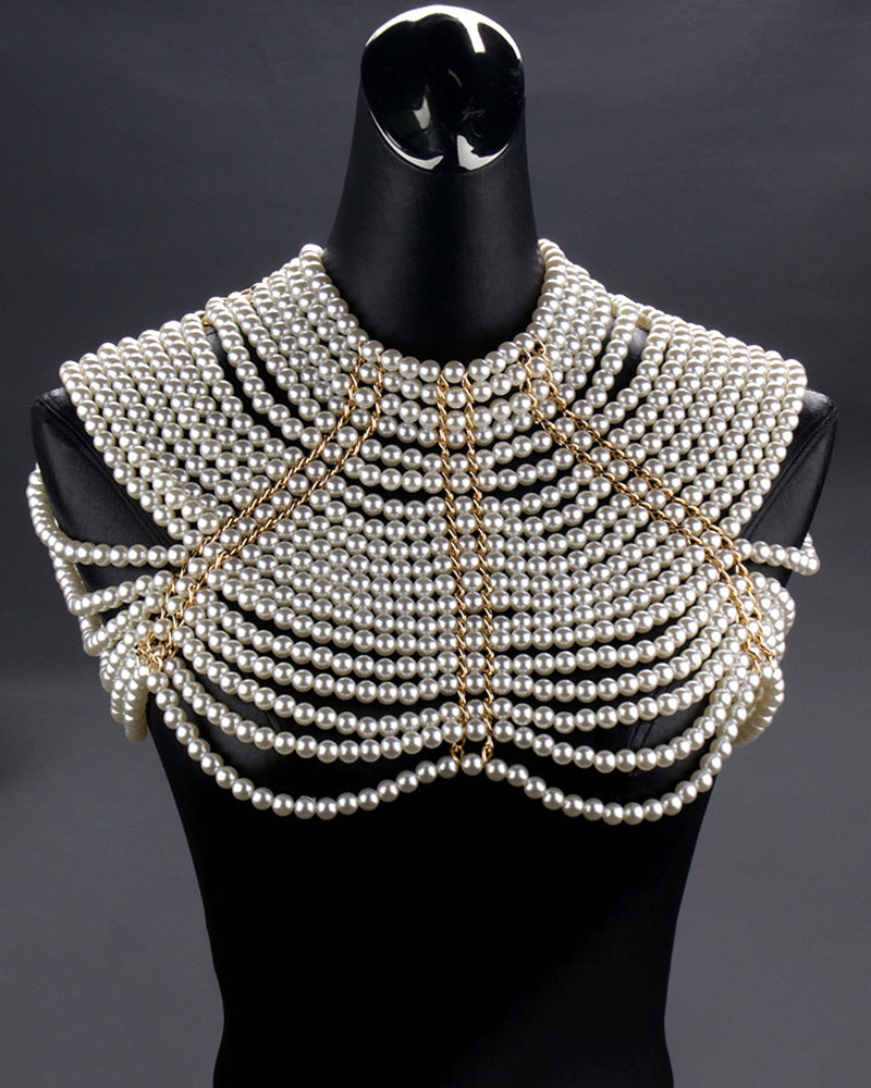 Layered pearl chain collar with gold beads and sparkle details for butterfly top