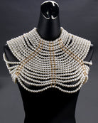 Layered pearl chain collar with gold beads and sparkle details for butterfly top