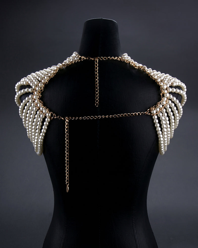 Pearl shoulder chain accessory with multi-strand pearl drape and gold links
