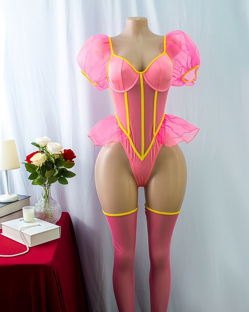 Pink sheer mesh bodysuit set on a mannequin with thigh-high stockings and yellow trim.