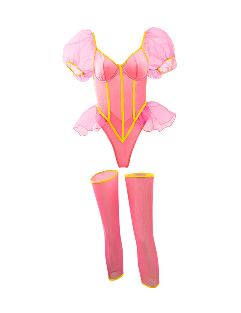 Flat-lay of pink sheer mesh bodysuit with puff sleeves and thigh-high stockings.