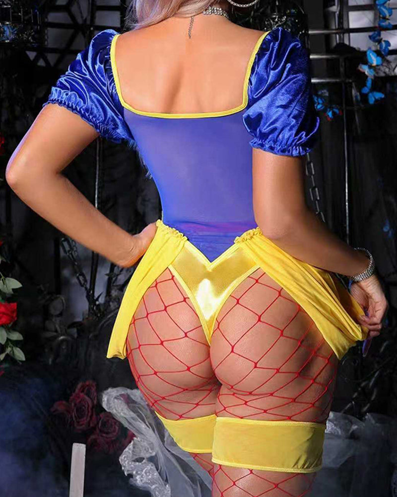 Blue satin bodysuit with puff sleeves, open back, yellow corset trim, fishnet stockings