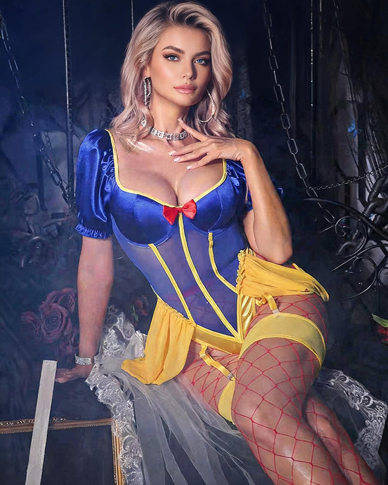 Blue satin bodysuit with puff sleeves and yellow underbust panels, fishnet stockings