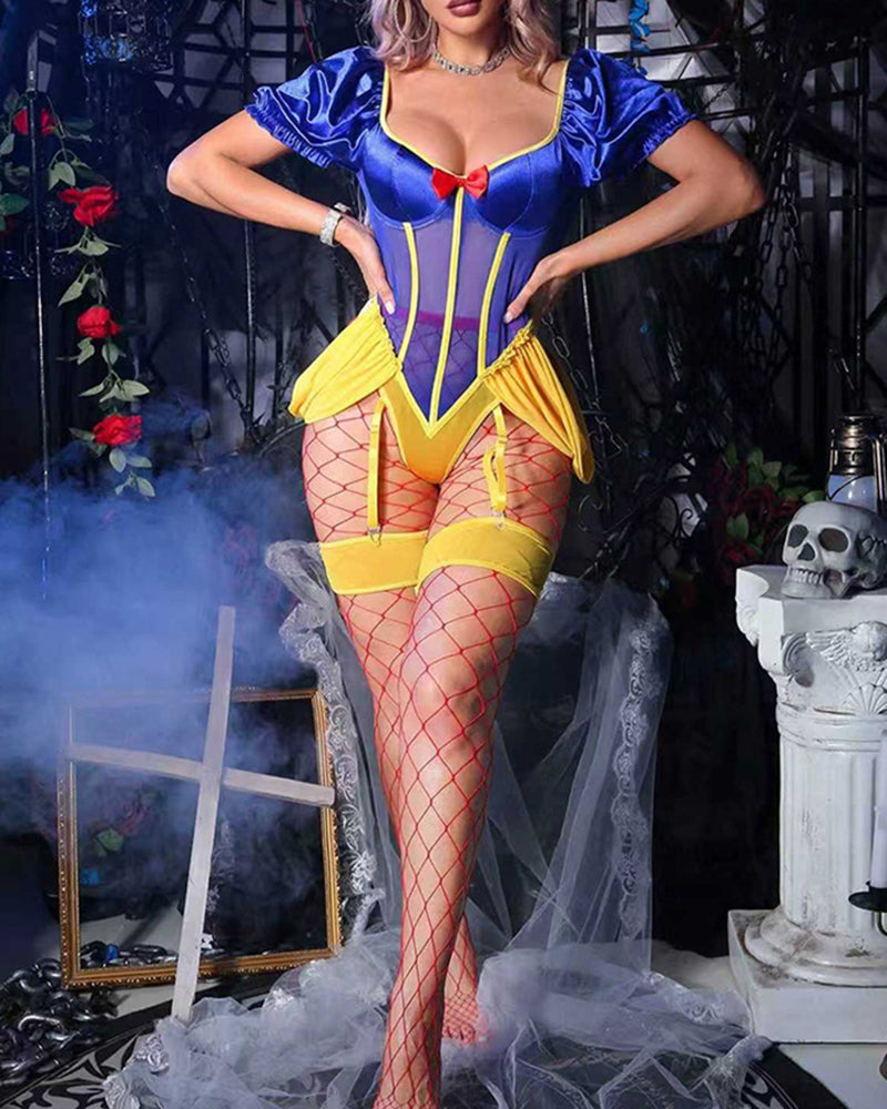 Blue satin bodysuit with puff sleeves, yellow trim and red bow, fishnet stockings, choker