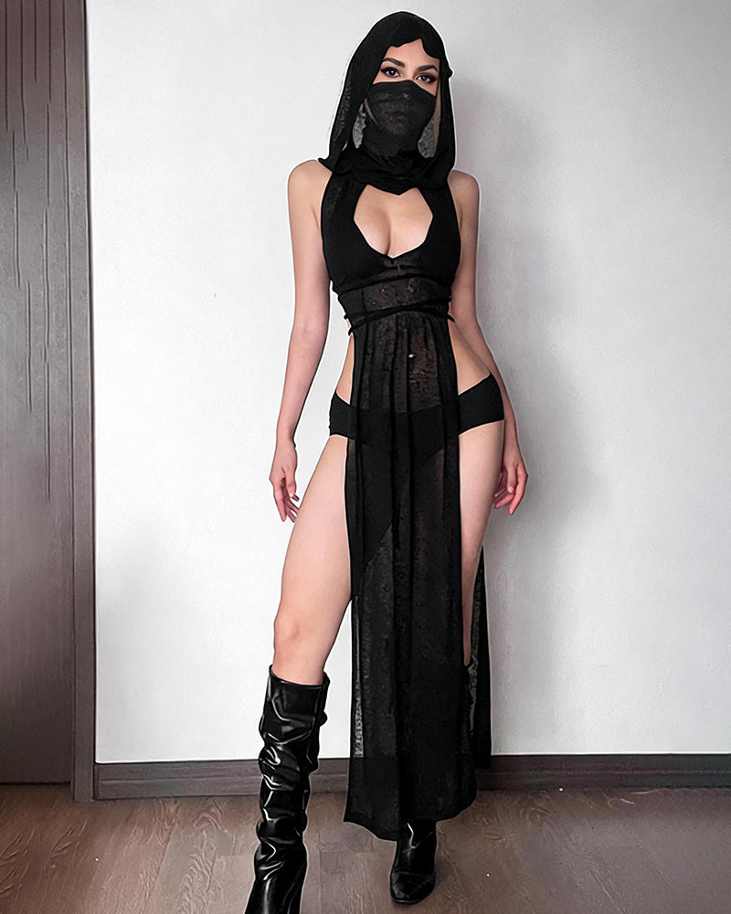 Black sheer hooded maxi dress with cutout bodice and high slit skirt