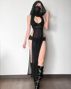 Black sheer hooded maxi dress, cutout chest and long high-slit overlay