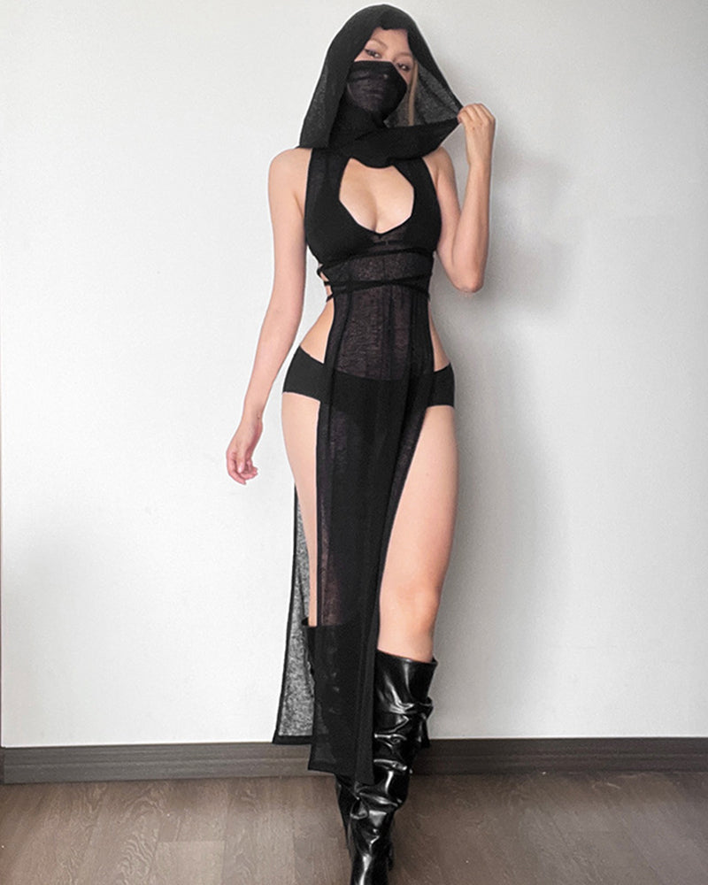 Black sheer hooded maxi dress, cutout chest and long high-slit overlay