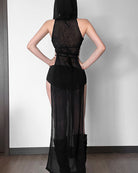Black sheer hooded maxi dress, back view with waist tie and long slit
