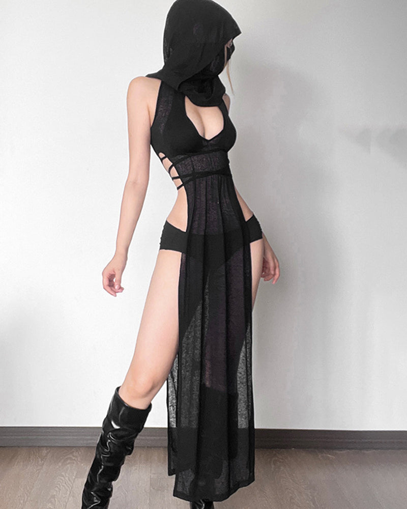 Black sheer hooded maxi dress with chest cutout, halter straps, and high slit