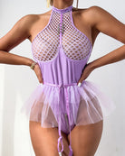 Purple halter bodysuit with mesh cups and tulle skirt overlay, front zipper
