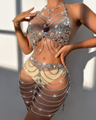 Silver rhinestone chain body set with leaf-style bra panels and layered chain skirt