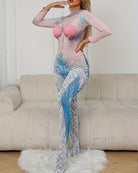 Crotchless mermaid bodysuit with sheer long sleeves, pink shell cups, blue scale pattern