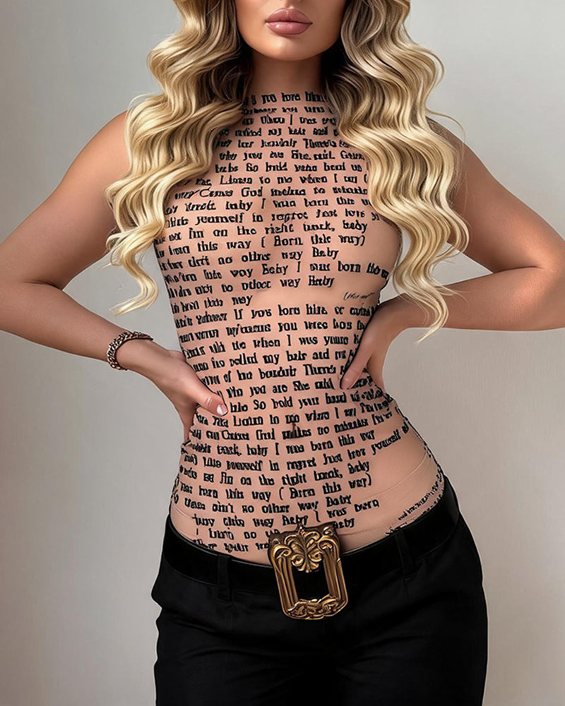 Sheer mesh halter top with lyric text print, nude pink, fitted front view