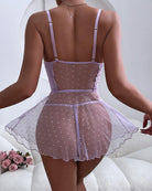 Light purple mesh babydoll back view with lace straps and dotted tulle skirt