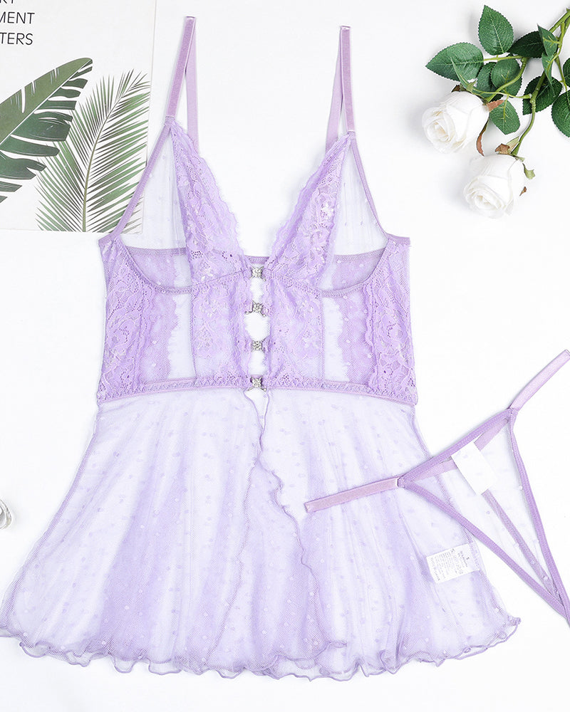 Light purple lace dot mesh babydoll lingerie set laid flat, with lace straps