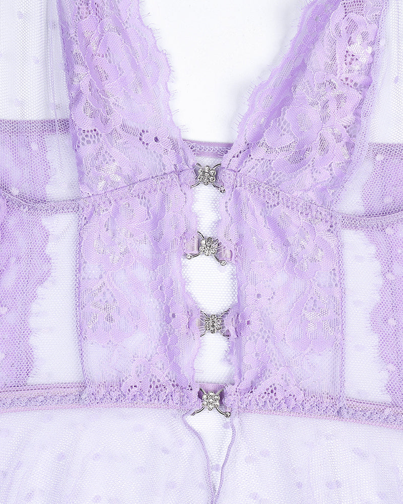 Light purple lace mesh babydoll center with loop fasteners and floral detail