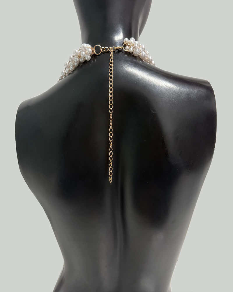 Gold-tone pearl body chain with adjustable back chain and pearl bead trim