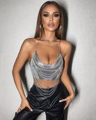 Silver metallic chain crop top with draped tiers and multiple waist-chain strands