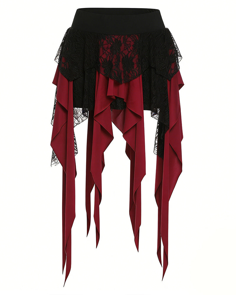 Pirate skirt panel with black lace overlay, red drapes, and long ribbon fringe