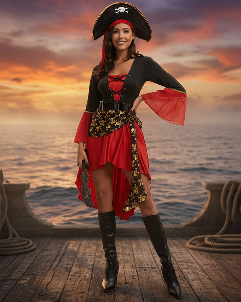 Pirate dress with lace-up black bodice, red flared skirt, gold waist print, and tricorn hat