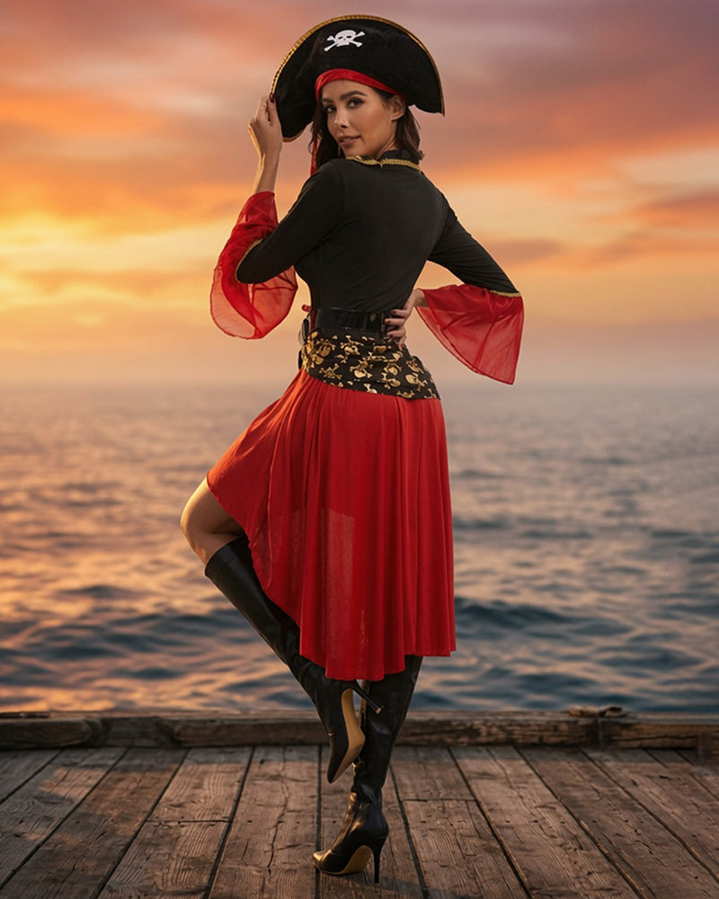 Pirate lace-up costume dress with black top, red layered skirt, gold waist print, and tricorn hat