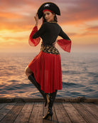 Pirate lace-up costume dress with black top, red layered skirt, gold waist print, and tricorn hat
