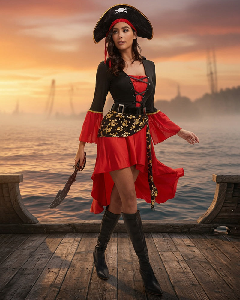Pirate lace-up dress with black bodice, red layered skirt, gold waist print, wearing tricorn hat
